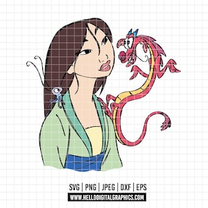 May include: A digital illustration of a woman with brown hair and a green and blue outfit, accompanied by a red and yellow dragon. The image includes the text "SVG | PNG | JPEG | DXF | EPS" and the website address "WWW.HELLODIGITALGRAPHICS.COM".