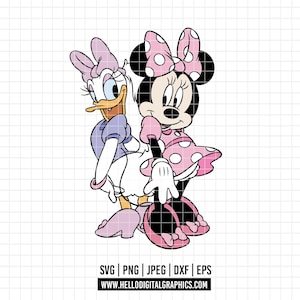 May include: A digital illustration of Daisy Duck and Minnie Mouse. Daisy Duck is wearing a purple dress and Minnie Mouse is wearing a pink polka dot dress. The image includes the file types SVG, PNG, JPEG, DXF, and EPS.