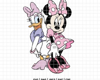 May include: A digital illustration of Daisy Duck and Minnie Mouse. Daisy Duck is wearing a purple dress and Minnie Mouse is wearing a pink polka dot dress. The image includes the file types SVG, PNG, JPEG, DXF, and EPS.