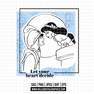 2369 - Princess Jasmine & aladdin SVG, PNG, DTF - Disneyy Aladdin iconic scenes outline clipart vector. Jasmine and aladdin&#39;s dtf.