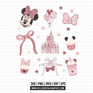 Puede incluir: Colección de gráficos rosas y negros con temática de Minnie Mouse. Incluye la cara de Minnie Mouse, lazos, globos, un castillo, cupcakes y bebidas. La imagen también contiene el texto "SVG | PNG | JPEG | DXF | EPS" y una dirección web.