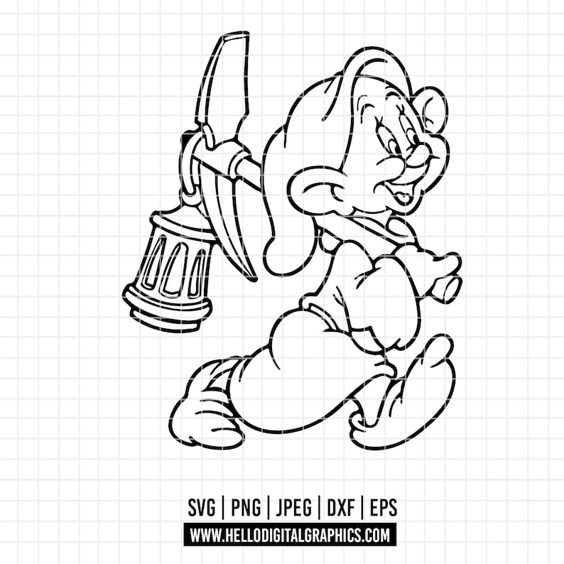 Puede incluir: Ilustraci&oacute;n en blanco y negro de un personaje de dibujos animados enano sosteniendo un pico y una linterna. El enano est&aacute; sonriendo y parece estar caminando. La imagen incluye el texto "SVG | PNG | JPEG | DXF | EPS" y la direcci&oacute;n del sitio web.