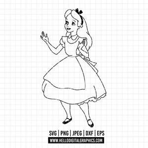 May include: A black and white line drawing of a girl in a dress with a bow. She is smiling and has her hands raised. The image includes file type information and a website address.