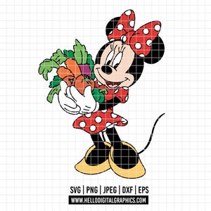 May include: A cartoon illustration of Minnie Mouse holding a bouquet of vegetables. Minnie Mouse is wearing a red dress with white polka dots, a matching bow, and yellow shoes. The image includes the text "SVG | PNG | JPEG | DXF | EPS" and the website address.