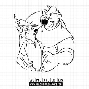 2256 - Robin Hood and Little John SVG, PNG, EPS - Disneey Robin Hood characters. Robin Hood iconic scenes line art dtf.