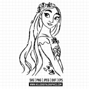 May include: Black and white line art illustration of a woman with long flowing hair, adorned with flowers in her hair and on her shoulder. The image includes the text "SVG | PNG | JPEG | DXF | EPS" and "WWW.HELLODIGITALGRAPHICS.COM".