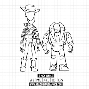 Puede incluir: Dibujo lineal en blanco y negro de dos personajes de dibujos animados, un vaquero y un guardabosques espacial. La imagen incluye el texto "2 PACK BUNDLE" y opciones de tipo de archivo. También se incluye la dirección del sitio web.