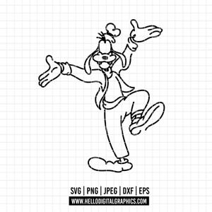 May include: Black and white line art illustration of a cartoon character in a dynamic pose. The character is wearing gloves, a hat, and a vest. The image includes the text "SVG | PNG | JPEG | DXF | EPS" and the website address "WWW.HELLODIGITALGRAPHICS.COM".