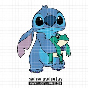 May include: A blue cartoon character, holding a green frog, against a white grid background. The character has large black eyes and long ears. The image includes the text "SVG | PNG | JPEG | DXF | EPS" and a website address.