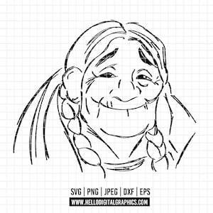 May include: Black and white line art illustration of an elderly woman with braided hair, smiling. The image is a digital graphic, suitable for various craft projects. The bottom of the image includes file type information and a website address.