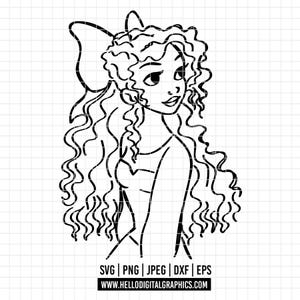 2442 - Little mermaid line art SVG, PNG, EPS - Disneyy Princess Ariel African/american outline clipart vector. Little mermaid afro dtf