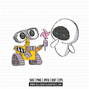 2953 - ウォーリーとエヴァのフルカラーSVG、PNG、EPS - ウォーリーのキャラクターの線画/ディズニーのクリップアートベクター。ウォーリーとエヴァの恋人たちのPNG。ロボットの愛。