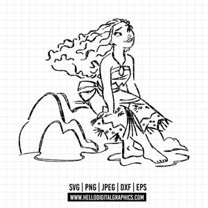 2089 - Moana sitting on a rock SVG, EPS, PNG- Moana clipart vector. Moana line art svg. Princess Moana. Disney&#39;s Princess Polynesian dtf.