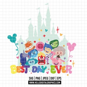 May include: A colorful graphic featuring characters from the movie Inside Out, with a castle silhouette in the background. The phrase "BEST DAY EVER" is written in rainbow colors. Mickey Mouse balloons and stars add to the design.