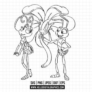 3301 - A Bug&#39;s Life line art SVG, EPS, PNG - Disneyy Flik with Princess Atta clipart vector. A Bug&#39;s Life dtf.