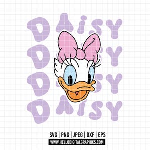 2831 - デイジーダックの言葉 SVG、EPS、PNG - マジックキングダムのディズニーキャラクターのクリップアートベクター。デイジーダックの顔と名前の色付き SVG
