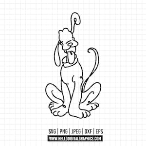 Puede incluir: Un dibujo lineal negro de un perro de dibujos animados en posición sentada. El perro tiene orejas caídas, una lengua larga y una cola rizada. La imagen incluye los tipos de archivo SVG, PNG, JPEG, DXF y EPS, junto con la dirección del sitio web www.hellodigitalgraphics.com.