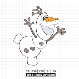 May include: A cartoon illustration of Olaf, the snowman from Frozen, with a white body, brown twig arms and hair, and an orange carrot nose. He is smiling with his arms raised. The image includes file type information and a website address.