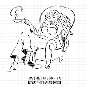 May include: Black and white line art illustration of a woman seated in a decorative armchair, holding a candle on a small tray. The woman is smiling and wearing a dress. The image includes the text "SVG | PNG | JPEG | DXF | EPS" and the website address.
