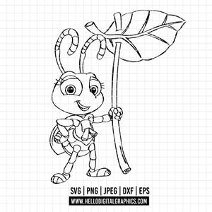 Può includere: Illustrazione di un cartone animato in bianco e nero di un insetto sorridente che tiene una foglia. L'insetto ha grandi occhi, antenne e un papillon. L'immagine include informazioni sul tipo di file: SVG, PNG, JPEG, DXF, EPS e un indirizzo web.