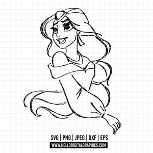 2495 - Princess Jasmine outline SVG,PNG,EPS - Disneyy Princess Jasmine sketch clipart vector. Jasmine Line art svg. Jasmine dtf, aladdin svg