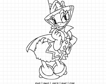 May include: Black and white line art of a cartoon duck wearing a witch hat and cape. The duck is in a Halloween costume, with a star-shaped design on the chest. The image includes file type information and a website address.