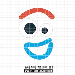 May include: A cartoon face design with a red eyebrow, two eyes, and a blue smile. The eyes are white with black pupils. The design is on a white background. The bottom of the image includes file type options and a website address.