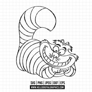 3202 - Cheshire cat to Alicee in wonderland line art SVG, EPS, PNG - Cheshire Cat outline clipart vector. Disneyy characters Alice dtf