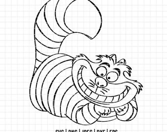3202 - Cheshire cat to Alicee in wonderland line art SVG, EPS, PNG - Cheshire Cat outline clipart vector. Disneyy characters Alice dtf