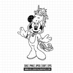May include: Black and white line art of a cartoon character in a unicorn costume. The character has a large black ear and is smiling with its arms outstretched. The image includes the text "SVG | PNG | JPEG | DXF | EPS" and "WWW.HELLODIGITALGRAPHICS.COM".