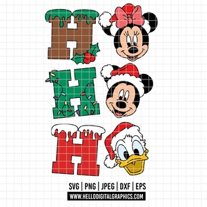 May include: A festive graphic featuring the words "HO HO HO" with each "HO" represented by a letter decorated with Christmas elements. Minnie Mouse, Mickey Mouse, and Donald Duck are depicted wearing Santa hats. The image includes file type icons.
