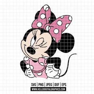 May include: A cartoon illustration of Minnie Mouse in a seated position, with a pink dress and bow, both adorned with white polka dots. The character has a smiling expression and white gloves. The image includes file type information and a website address.