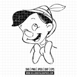 2145 - Esboço de Pinóquio SVG - EPS - PNG - Vetor clipart de contorno de Pinóquio. Pinóquio dtf. Pinóquio dtf do clássico da Disney.