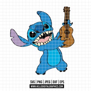 May include: A blue cartoon character, Stitch, holding a brown ukulele. Stitch has large eyes, a wide grin, and large ears. The image is a digital graphic with the file types SVG, PNG, JPEG, DXF, and EPS listed at the bottom.