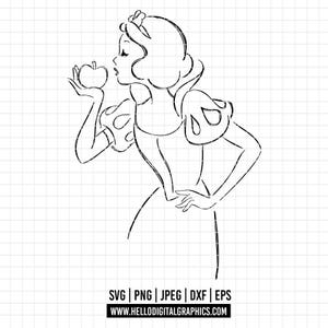 Puede incluir: Ilustración en blanco y negro de una mujer con un vestido sosteniendo una manzana. La imagen es un gráfico digital, con el texto "SVG | PNG | JPEG | DXF | EPS" y la dirección del sitio web "www.hellodigitalgraphics.com" en la parte inferior.