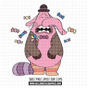 May include: A pink cartoon character with a brown hat, jacket, and bow tie, surrounded by colorful candies. The character has a sad expression. The image includes the text "SVG | PNG | JPEG | DXF | EPS" and "WWW.HELLODIGITALGRAPHICS.COM".