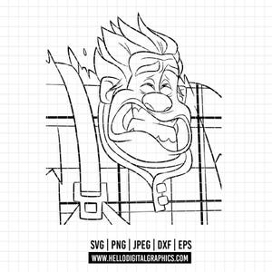 May include: Black and white line art of a cartoon character with a stressed expression. The character has spiky hair, a furrowed brow, and an open mouth. The image includes the file types SVG, PNG, JPEG, DXF, and EPS, along with a website address.