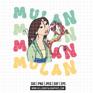 May include: A graphic illustration featuring Mulan with Mushu the dragon. The word "Mulan" is repeated in a retro font in shades of green, pink, and yellow. Mulan is depicted in a green and blue outfit, with brown hair. The image includes file type information.