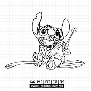 Könnte beinhalten: Schwarz-weiße Strichzeichnung einer Zeichentrickfigur auf einem Besen, die einen Zauberstab hält. Die Figur hat große Augen und ein breites Grinsen. Das Bild enthält den Text "SVG | PNG | JPEG | DXF | EPS" und "WWW.HELLODIGITALGRAPHICS.COM".