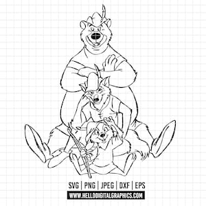 2263 - Robin Hood, Lady Marian, Little John SVG, PNG, EPS - Disneey Robin Hood characters. Robin Hood iconic scenes line art dtf.