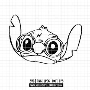 May include: Black and white line art of a cartoon character's face, featuring large eyes and prominent ears. The character is wearing glasses. The image includes file type information: SVG, PNG, JPEG, DXF, EPS, and a website address.