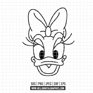 Op de afbeelding: Zwart-witte lijntekening van Daisy Duck's gezicht, met grote ogen, een strik en een lachende snavel. De afbeelding bevat bestandstype notaties: SVG, PNG, JPEG, DXF, EPS, en een websiteadres.