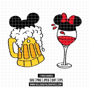 May include: A cartoon illustration features a yellow beer mug with a black mouse-ear design and a glass of red wine with a red bow and mouse-ear design. The image includes the text "2 PACK BUNDLE" and website information.