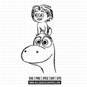 May include: A black and white line drawing of a boy sitting on a dinosaur's head. The boy has spiky hair and a smiling expression. The dinosaur has large eyes and a long neck. The image includes the text "SVG | PNG | JPEG | DXF | EPS" and "WWW.HELLODIGITALGRAPHICS.COM".