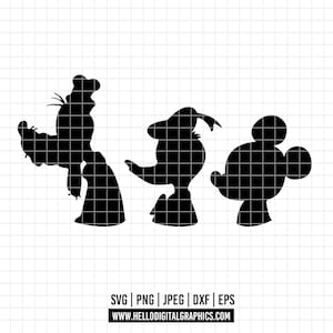 May include: Black silhouette graphics of three cartoon characters on a white grid background. The characters are in different poses, with one wearing a chef's hat. The bottom of the image includes text: SVG, PNG, JPEG, DXF, EPS and the website address.