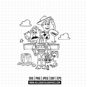 May include: A black and white line drawing featuring characters from the Toy Story film. Woody, Buzz Lightyear, Mr. Potato Head, Rex, Hamm, and Slinky Dog are depicted. The word "STORY" is spelled out with blocks. The image includes the text "SVG | PNG | JPEG | DXF | EPS" and "WWW.HELLODIGITALGRAPHICS.COM".