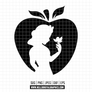 Op de afbeelding: Zwart-wit silhouet van een prinses in een appelvorm, die een vogel vasthoudt. De afbeelding bevat de tekst "SVG | PNG | JPEG | DXF | EPS" en het websiteadres "WWW.HELLODIGITALGRAPHICS.COM".