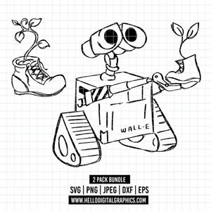 May include: A black and white line drawing of the WALL-E robot, with a boot containing a plant in each hand. Another boot with a plant is to the left. The image includes the text "WALL-E" and "2 PACK BUNDLE".