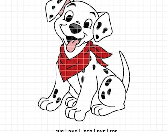 Peut inclure: Illustration d'un chien dalmatien de dessin animé avec des taches noires et un bandana rouge. Le chien est assis et sourit, la langue sortie. L'image comprend les types de fichiers SVG, PNG, JPEG, DXF et EPS, ainsi qu'une adresse de site Web.