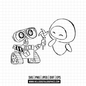 3084 - Wall-e and Eva outline SVG, PNG, EPS - Wall-e characters line art/ disney Wall-e clipart vector. Wall-e and Eva Robotic lovers dtf